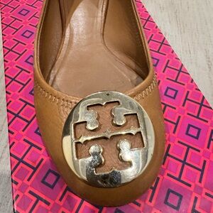 Tory Burch Tan Leather Ballet Flat with Gold Logo Medallion